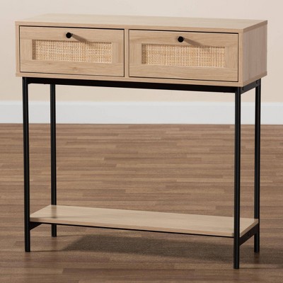 Sherwin Light Brown and Black 2-Drawer Console Table with Rattan Accent
