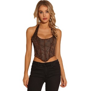 INSPIRE CHIC Women's Halter Corset Vintage Paisley Lace Up Backless Boned Bustier Crop Tops - 1 of 4