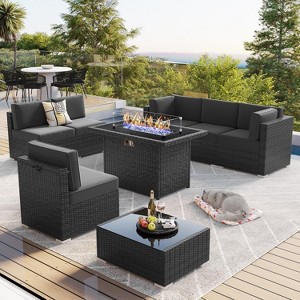 LayinSun 8 Piece Patio Furniture Set with 44" Propane Gas Fire Pit Table, Outdoor Sectional Conversation Set Wicker Rattan Sofa Set - 1 of 4