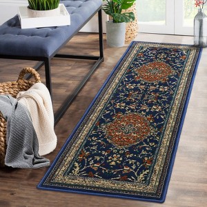 Vintage Floral Rug for Living Room, Stain Resistant Durable Indoor Carpets with Breathable Jute Backing, Soft Non Shedding Floor Mats,  Blue - 1 of 3