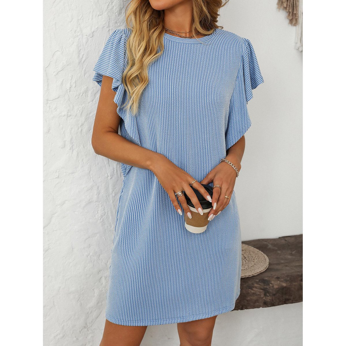 Женские платья YesFashion Womens Mini Dress Crew Neck Ruched Sleeve Striped Tee Shirt Dress Summer Fashion Casual Tshirt Dress Sky Blue M — фото 4