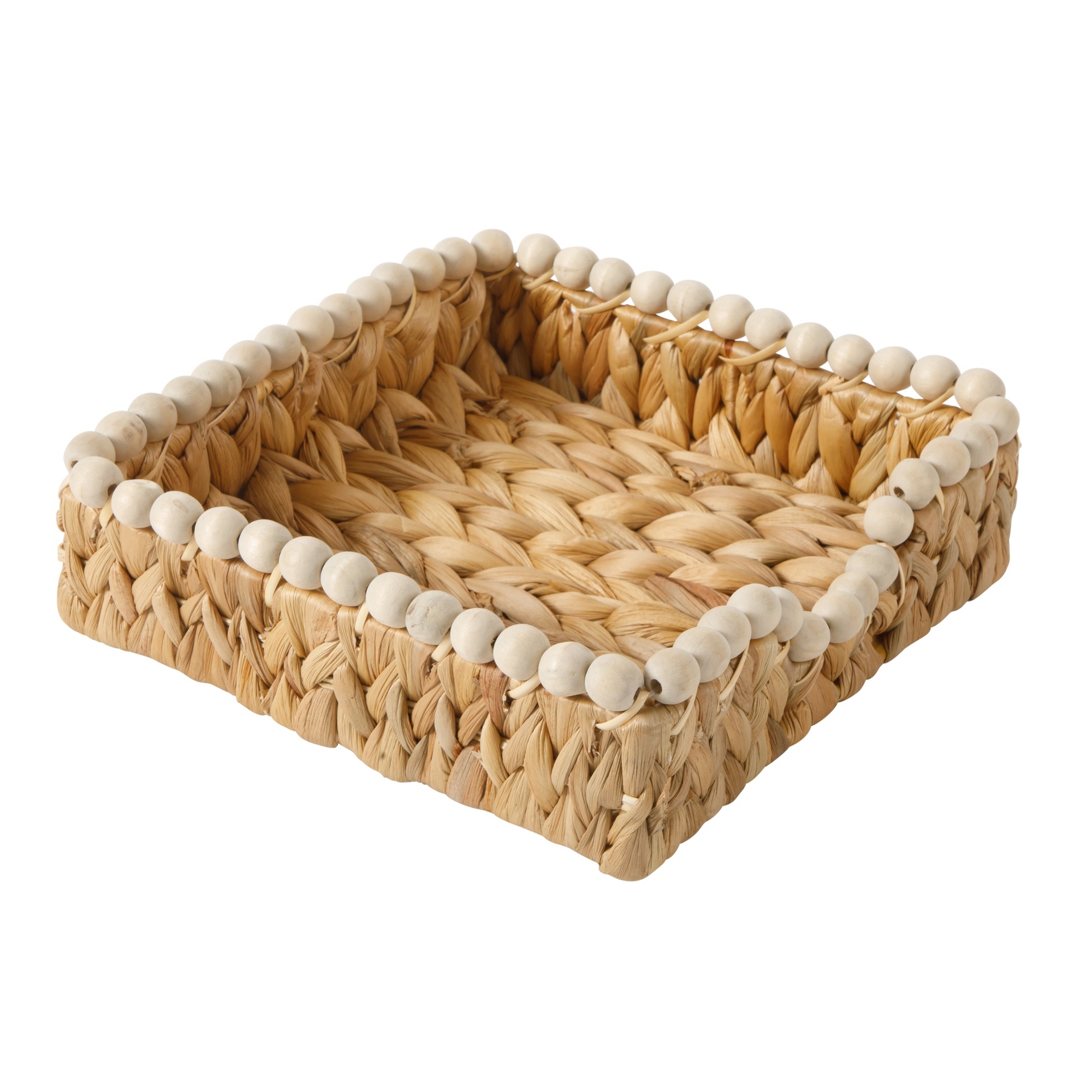 Gibson Home Riverrun Grove Woven Decorative Napkin Holder Tray – Natural Water Hyacinth Square Basket with Wood-Bead Trim
