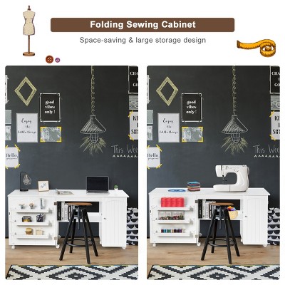 White Folding Sewing Table with Shelves and Wheels