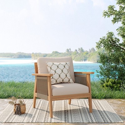Christopher Knight Home Tarek Outdoor Acacia Wood and Rope Club Chair with Water-Resistant Cushions, Teak/Beige