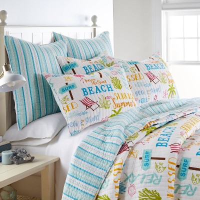 King Size Blue Cotton Reversible Coastal Quilt Set