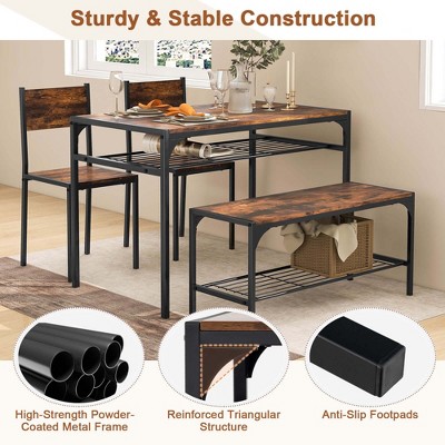 Rustic Brown MDF and Metal Dining Table Set with Bench and 2 Chairs