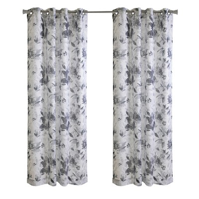 Habitat 100% Polyester Nora Faux Linen Floral Sheer Grommet Curtain Panel 52" x 84" in Steel Blue