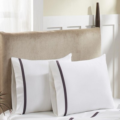 Queen White and Purple Cotton Sateen Deep Pocket Sheet Set