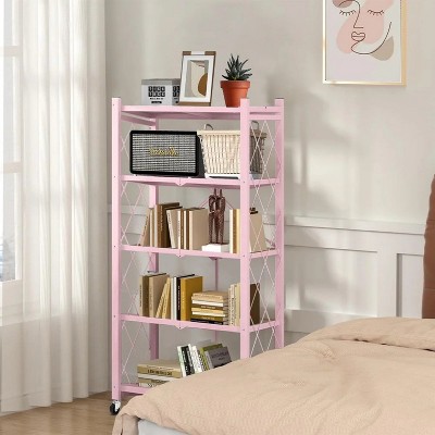LunaLulinlk 5-Tier Storage Shelving Unit, Metal Shelf, Foldable Storage Shelf with Wheels, Kitchen Shelf with 4 Hooks, No Assemble Require, Pink