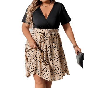 Plus Size Midi Dress for Summer Short Sleeve Faux Wrap Fit and Flared Dress V Neck Belted Summer Dress Irregular Polka Dot Teacher Dress - 1 of 4