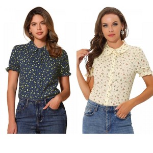 INSPIRE CHIC Women's Peter Pan Frilled Short Sleeve Floral Cotton Top 2 Packs - 1 of 4