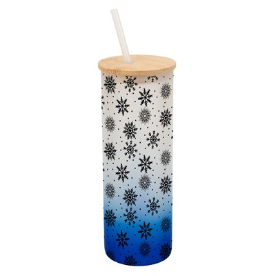 Elanze Designs Falling Snow Winter Scene Wrap-Around Design 25 Ounce Frosted Gradient Glass On-The-Go Coffee Travel Skinny Tumbler Mug Cup, Bamboo Lid