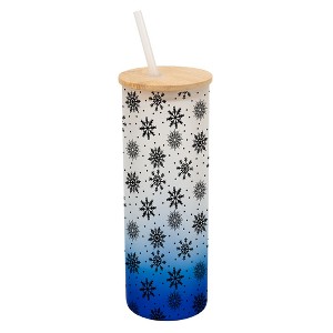 Elanze Designs Falling Snow Winter Scene Wrap-Around Design 25 Ounce Frosted Gradient Glass On-The-Go Coffee Travel Skinny Tumbler Mug Cup, Bamboo Lid - 1 of 1