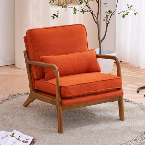 KTMBDW Accent Chair Wide Armrest Mid-Century Lounge Chair Linen Fabric Armchair with Lumbar Pillow & Oak Wood Frame for Living Room, Bedroom, Balcony - 1 of 4