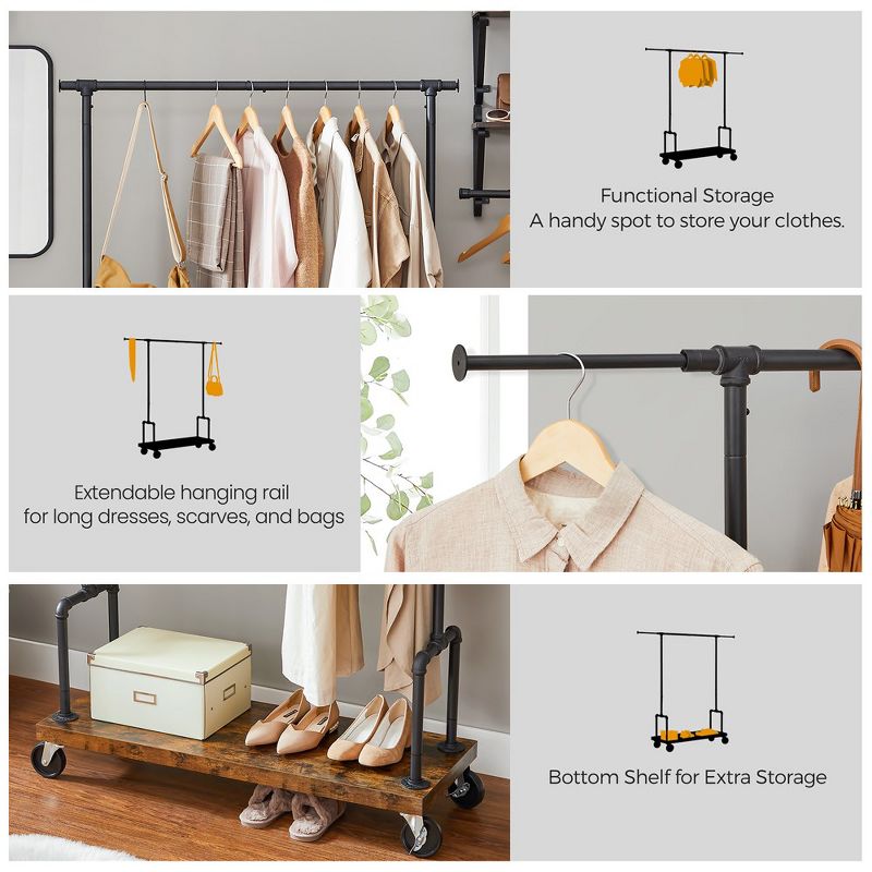 VASAGLE Rolling Clothes Rack Garment Rack for Hanging Clothes with Wheels Hanging Rail and Shelf Heavy-Duty Rustic Brown and Black, 3 of 7