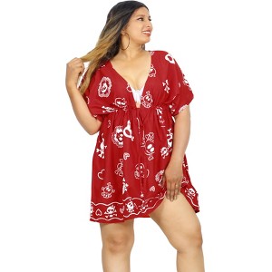 LA LEELA Women's Beachwear Swim Beach Cover Ups for Women Pirates Party Bikini Mini Dress Swimsuit Coverups for Women XL-XXL Red Skull - 1 of 4