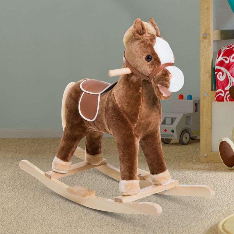 Qaba Kids Ride on Rocking Horse Toddler Plush Toy with Realistic Sounds for 3 Years Old Children - Brown, 2 of 9
