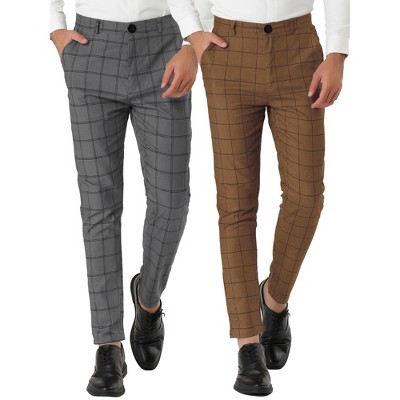 Lars Amadeus Men's Plaid Printed Slim Fit Flat Front Business Checked Trousers 2 Packs