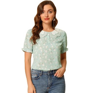 Allegra K Women's Peter Pan Collar Ruffled Bubble Short Sleeve Floral Blouses - 1 of 4