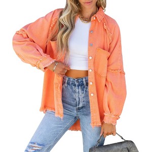 Women's Long Sleeve Oversized Denim Jacket Casual Fall Button Down Frayed Hem Lapel Loose Fit Shirts Coat With Pocket - 1 of 4