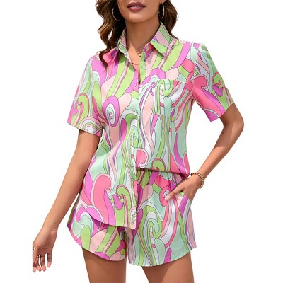 Womens Summer Pajama Sets Front Button Down Short Sleeve Shirts with Shorts Floral Summer Resorts Outfits Casual Co-ord Sets,Multicolored - 2XL