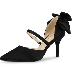 Allegra K Women's Satin Upper Pointed Toe Bow Decor Stiletto Heels Pumps - 1 of 4