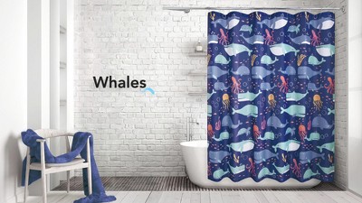 Blue Multi Whales Polyester Fabric Kids' Shower Curtain