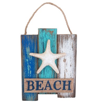 Beachcombers Beach Sign With Starfish/Burlap 6 x 8 x 0.5 Inches.