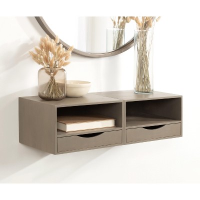 Gray Poplar Wood Floating Wall Shelf with Drawer