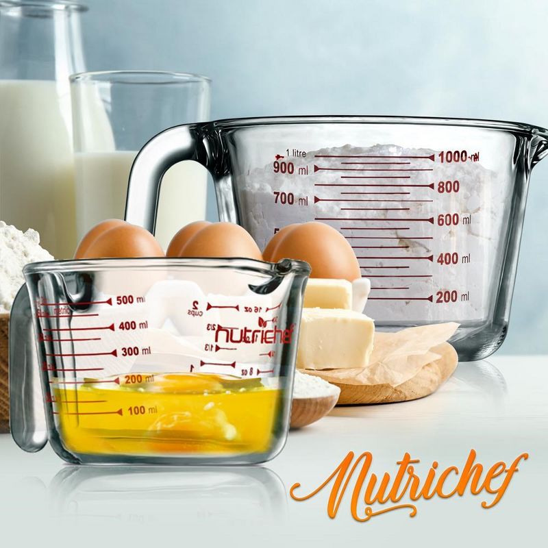 NutriChef 2 Pcs. High Borosilicate Glass Measuring Cup with Customized Decal Scale, 500 ml and 1000 ml, 3 of 8
