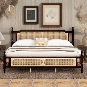TiramisuBest King Pine wooden Bed with Rattan Headboard and Footboard,with Central Enhanced Bed Platform - 1 of 4