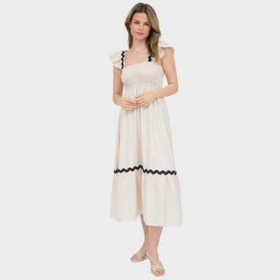 August Sky Women's Contrast Wavy Trim Smocked Midi Dress