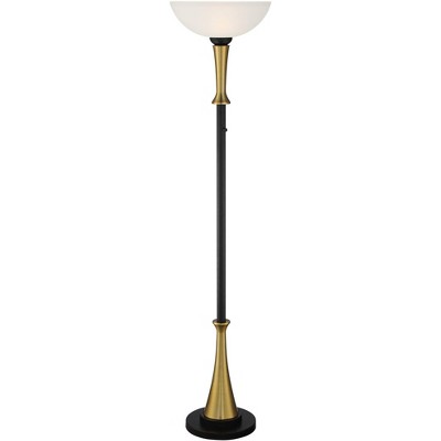 Possini Euro Design Modern Art Deco Style Torchiere Floor Lamp 70" Tall Black Brass Frosted White Glass Shade for Living Room House Uplight