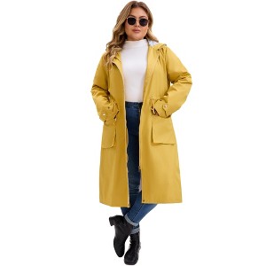 Women's Plus Size Waterproof Drawstring Waist Hooded Zipper Outdoor Long Trench Coats with Pockets - Agnes Orinda - 1 of 4