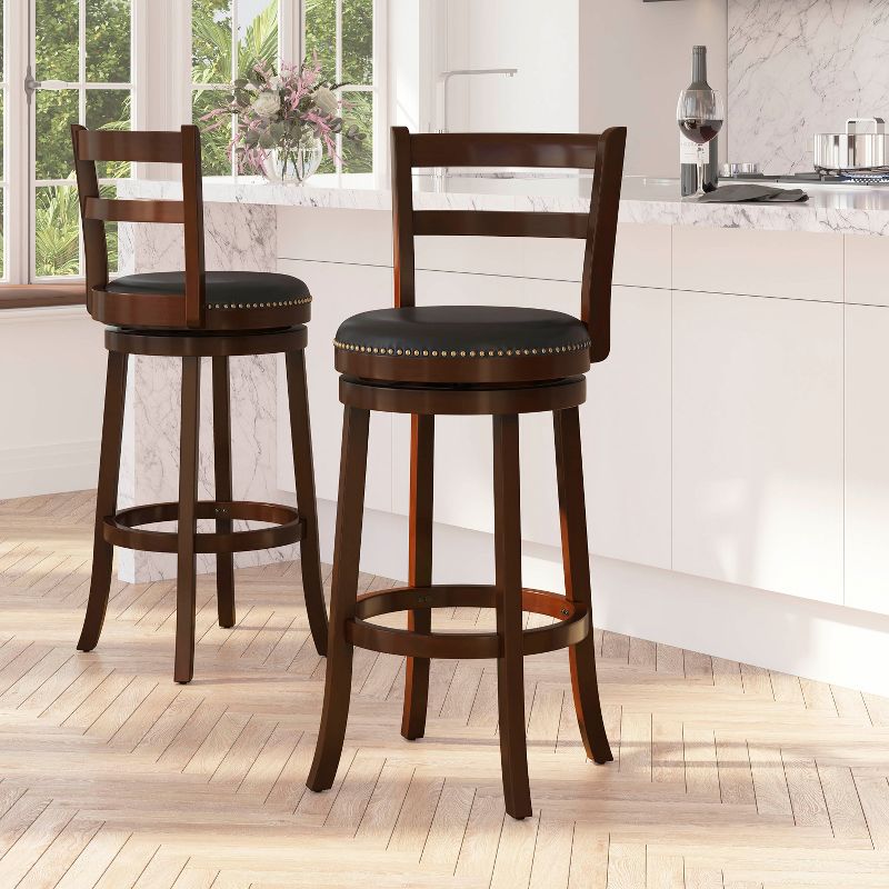 Merrick Lane 30" Wooden Bar Height Stool in Cappuccino Finish with Single Slat Ladder Back with Faux Leather Seat, 2 of 12