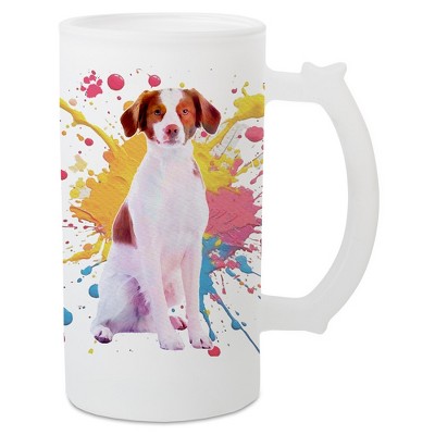 100 North Freezable Beer Stein Mug With Thumb Grip Handle, 16 Ounce Frosted Glass, Brittany Spaniel Paint Splatter
