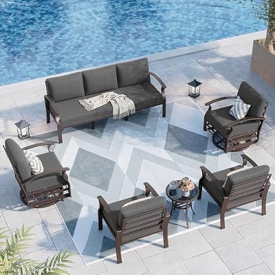 ALAULM Aluminum Patio Furniture Set Modern Metal Outdoor Conversation Sets w/45in Propane Fire Pit Table, Swivel Rocking Chairs w/5.1 Inch Cushion