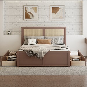 NicBex Full/Queen Size Wood Storage Platform Bed Frame with Natural Rattan Headboard and 4 Drawers,No Box Spring Needed,Easy Assembly,Natural/Espresso - 1 of 4