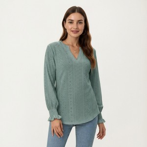 Anna-Kaci Women's Long Sleeve Eyelet Embroidered Top with V-Neckline and Ruffle Cuffs - 1 of 4