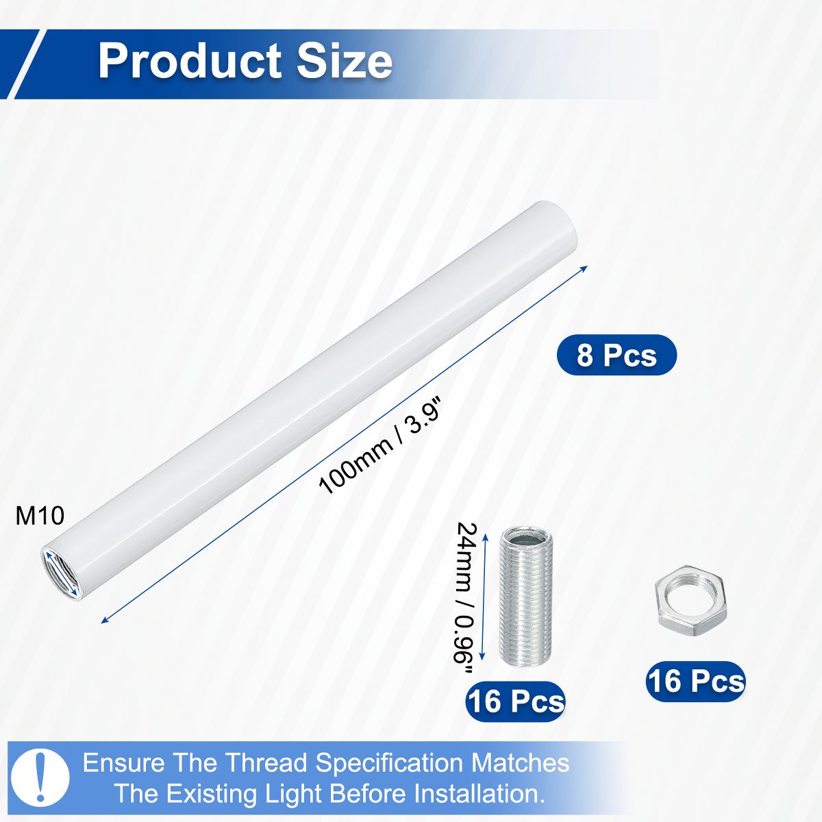 Unique Bargains Indoor Electroplated Iron Threaded Extension Rod Lighting Fixture Downrods White M10 x 3.9" 8 Sets - thumbnail 2