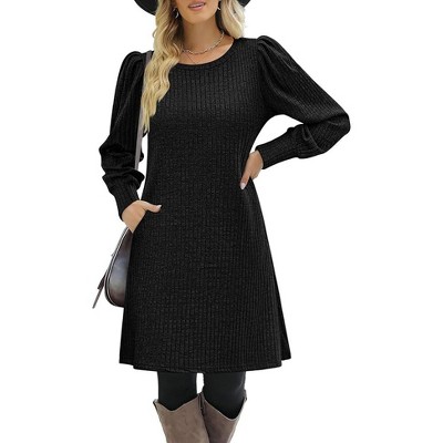 Women Knit Dress Puff Long Sleeve Dress for Fall Winter Round Neck Casual Tunic Dress