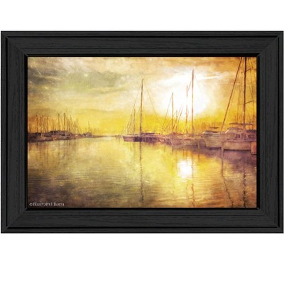 HomeRoots Yellow Sunset Boats In Marina Black Framed Print Wall Art