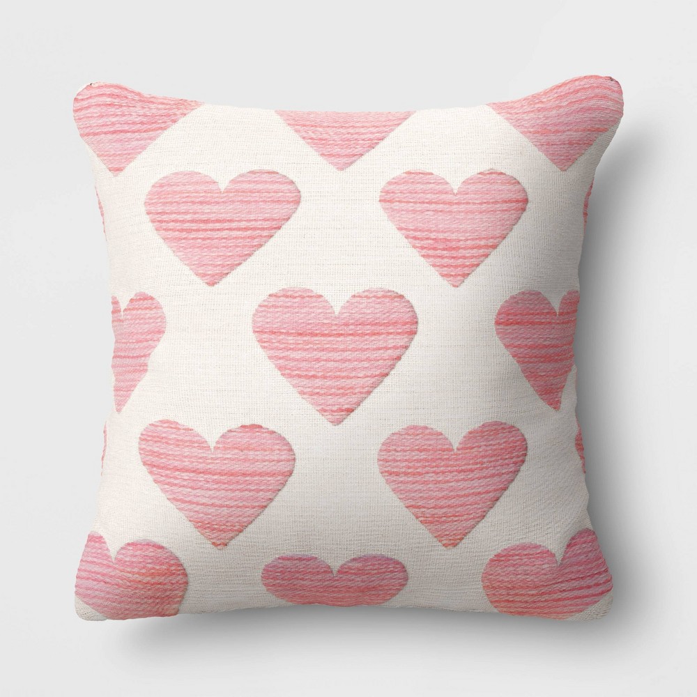 Valentine's Day Textured Hearts Cotton Square Throw Pillow Ivory - Threshold