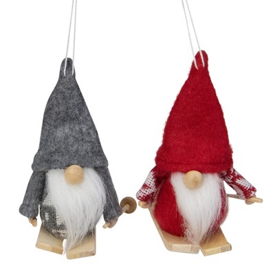 NORTHLIGHT 2ct Skiing Santa Christmas Gnome Ornament Set 4" - Gray/Red