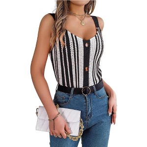 Women V Neck Contrasting Color Tops Button Knit Vest Hollow Out Spaghetti Strap Tank Top Black M - 1 of 4