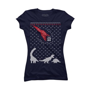 Junior's Design By Humans Dinosaur Comet Christmas Sweater By shirtpublic T-Shirt - 1 of 3