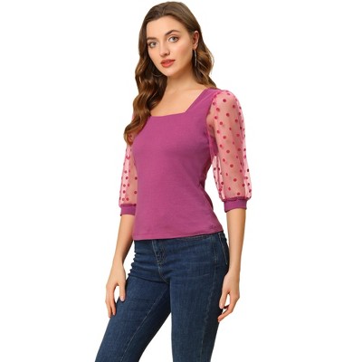 INSPIRE CHIC Women's Retro Square Neck Slim Fit Semi Sheer 3/4 Mesh Sleeve Top