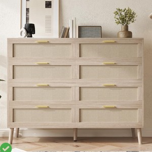 8 Drawer Dresser Natural Rattan Dresser for Bedroom w/ 5 Strong Legs Farmhouse Wood Chest of Drawer - 1 of 4