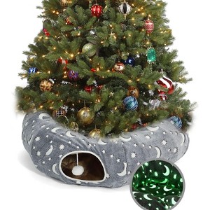 Cat Tunnel Bed Under Christmas Tree with Plush Ball Toy Playground Crinkle Collapsible Self-Luminous Flannel Fabric - 1 of 4