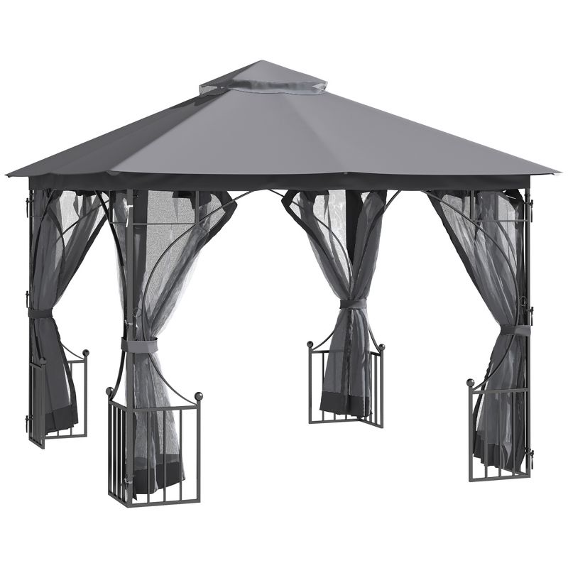 Outsunny 10' x 10' Patio Gazebo Canopy Outdoor Pavilion with Mesh Netting SideWalls, 2-Tier Polyester Roof, & Steel Frame, 1 of 7